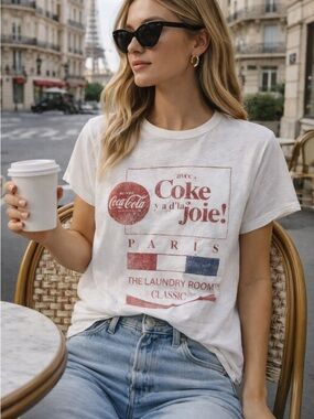 The Laundry Room Coca-Cola White Tee with Red and Blue Paris Graphic XS